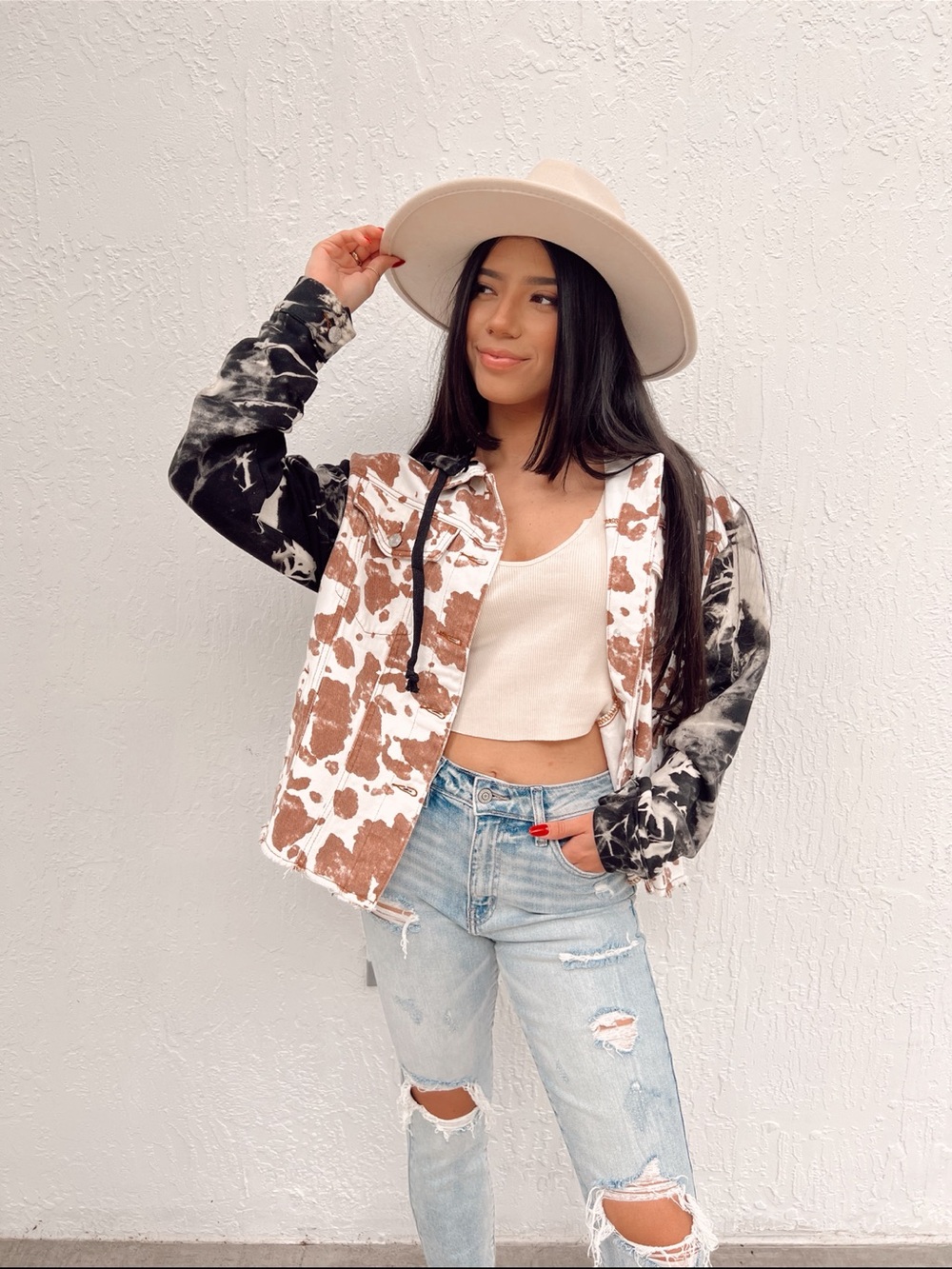Cowhide-Print Utility Jacket with Tie-Dye Sleeves - Brown & Black